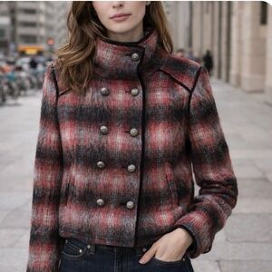 Free People Plaid Military Jacket Cropped Wool Blend Double Breasted, S